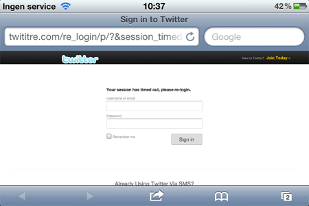 Twititre, Phishing-sidan för Twitter logins. Här i iPhone